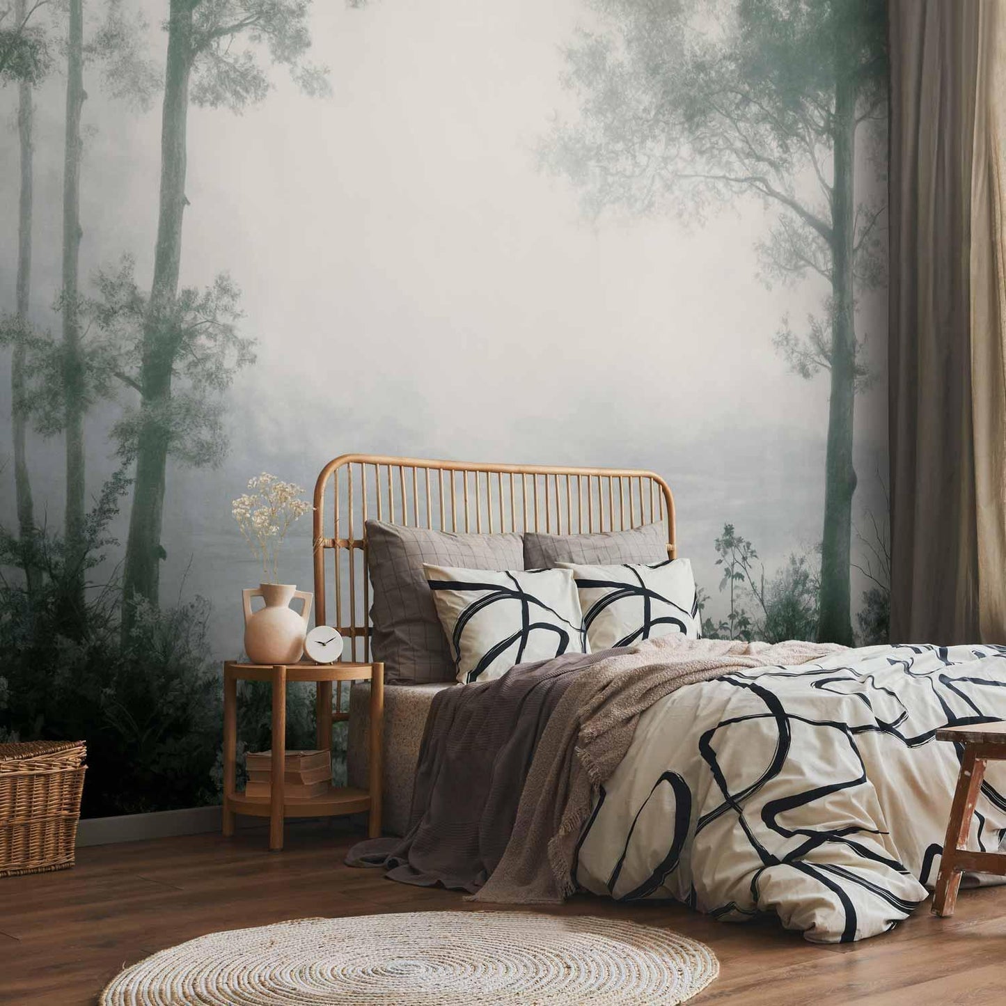 Fototapete - Retro Landscape - Grove Trees and Pond in Patinated Shades of Green