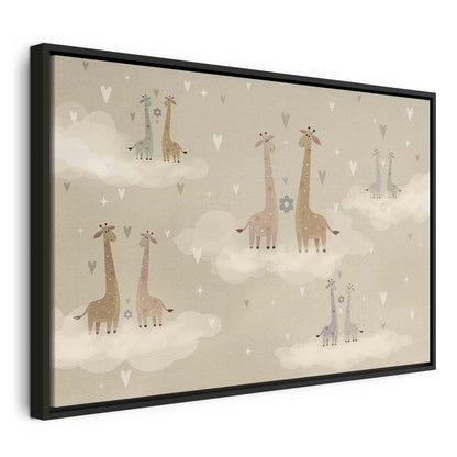 Leinwandbild - Love - Colorful Giraffes Floating on Clouds Among Hearts and Stars Artgeist