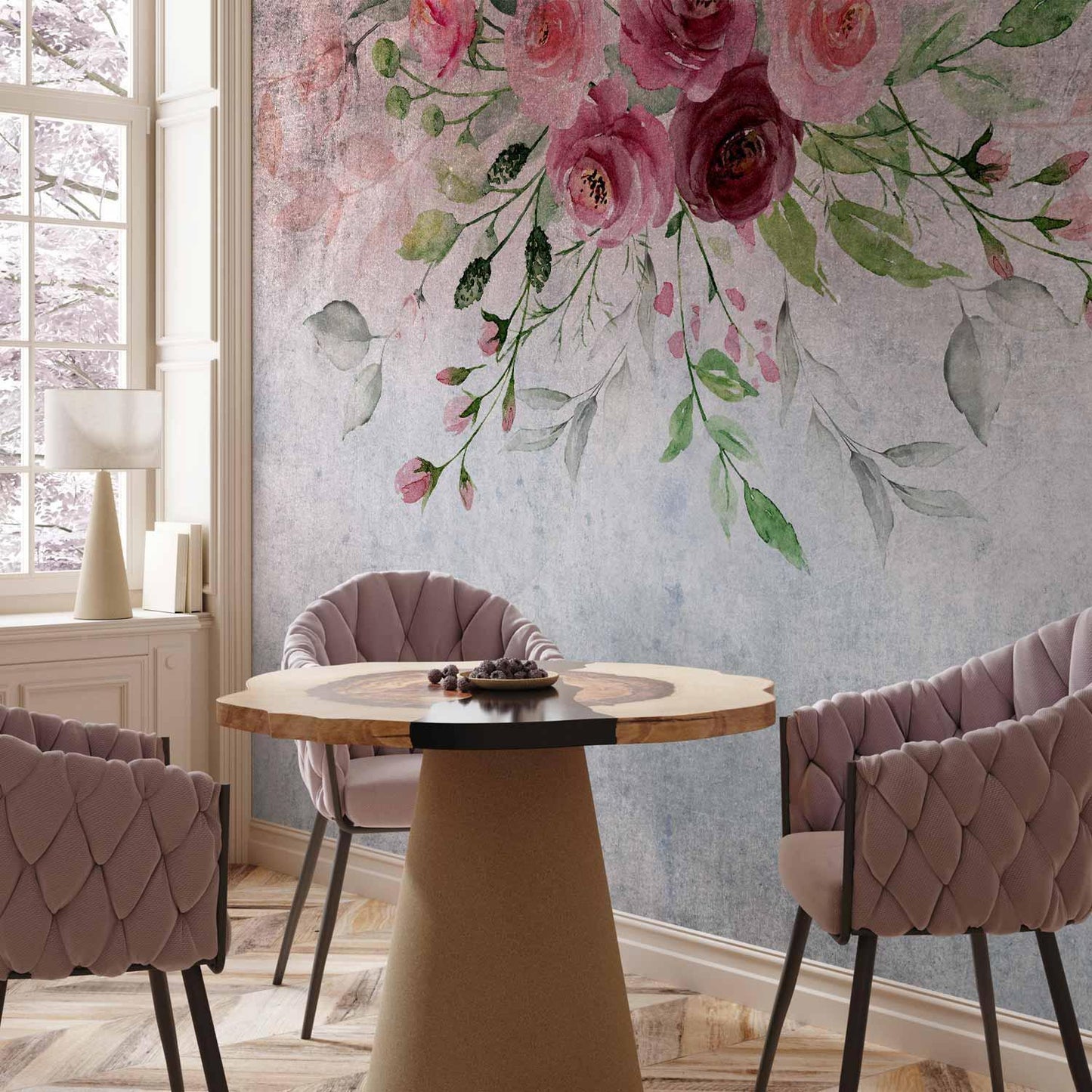 Fototapete - Summer bloom - plant motif with flowers and leaves in pink tones