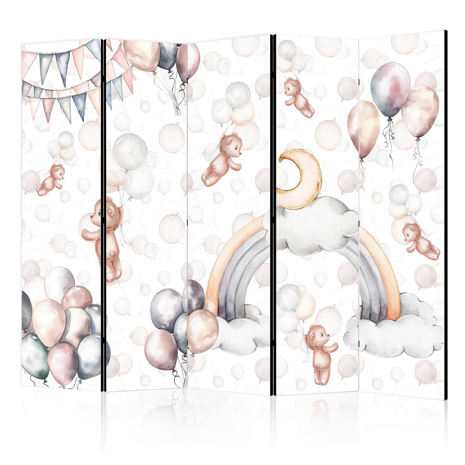 Paravent - Plush Bears with Balloons - Flying Light-Brown Bears Among Balloons - Clouds - and Rainbows in Subdued - Pastel Hues Artgeist
