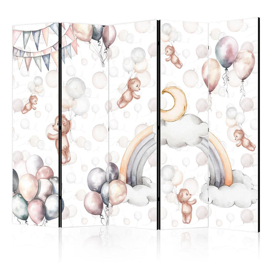 Paravent - Plush Bears with Balloons - Flying Light-Brown Bears Among Balloons - Clouds - and Rainbows in Subdued - Pastel Hues Artgeist