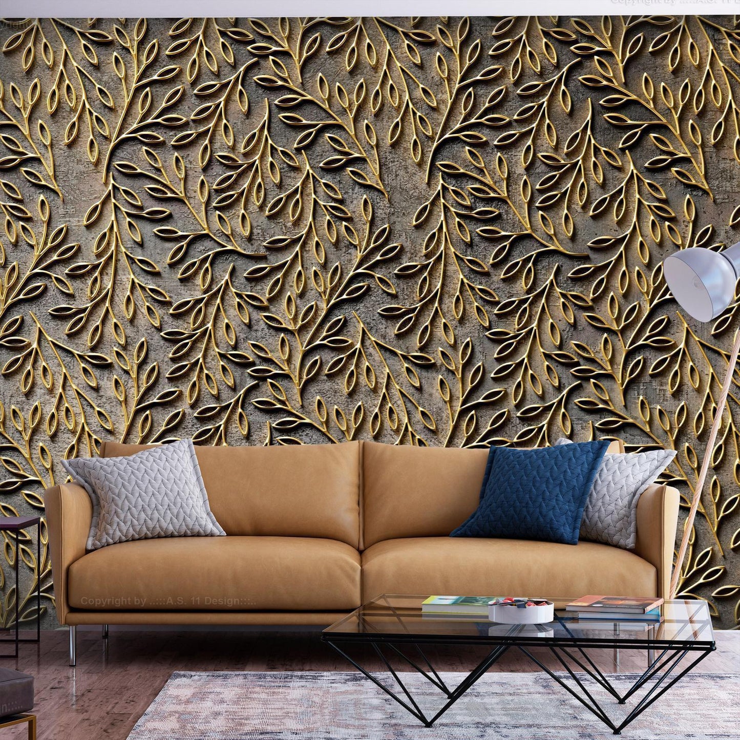 Fototapete mit goldenen Ornamenten auf heller Fläche

