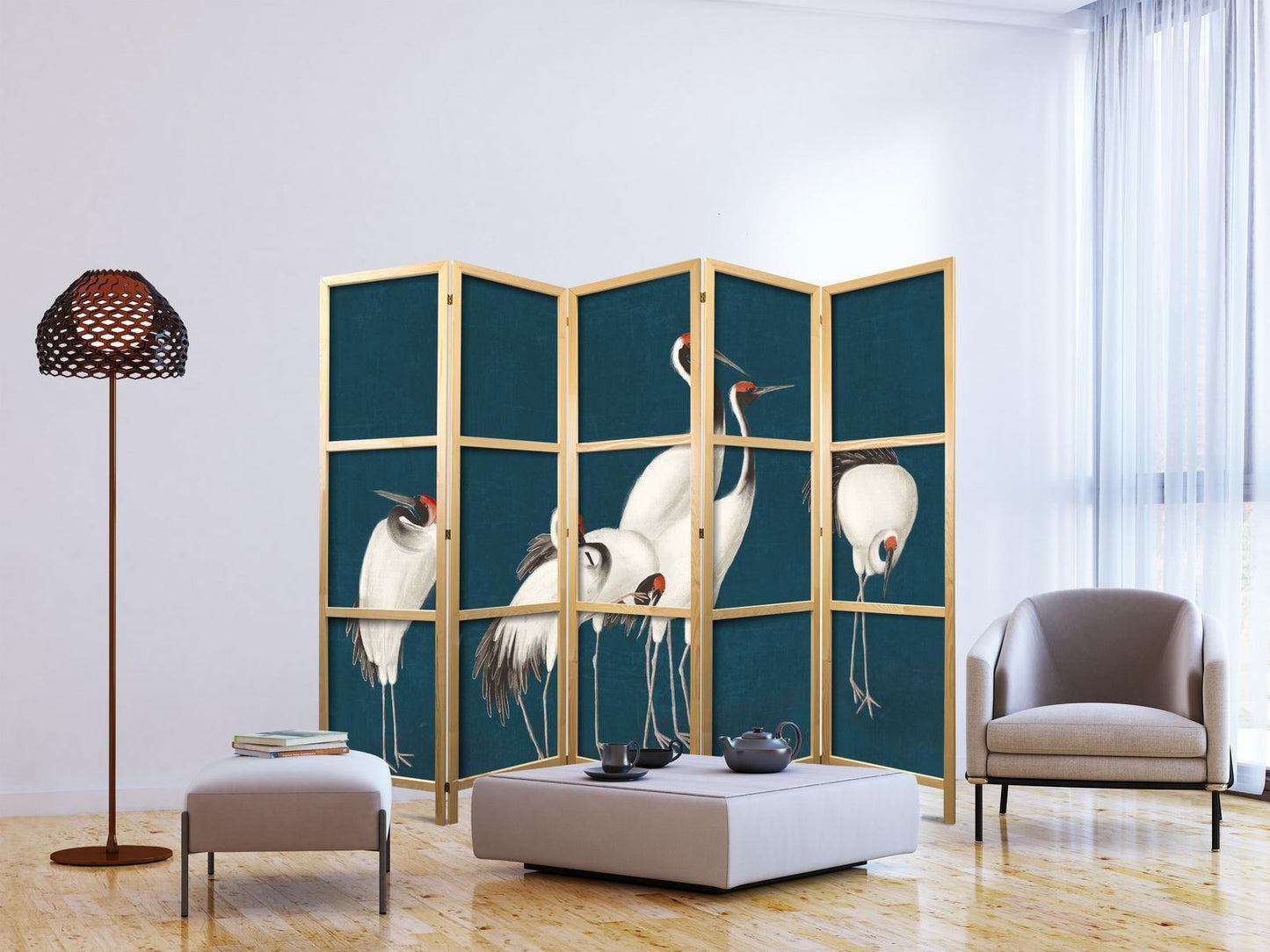 Japanischer Paravent - Evening by the pond - a group of cranes drawn with dry pastels on a dark turquoise background