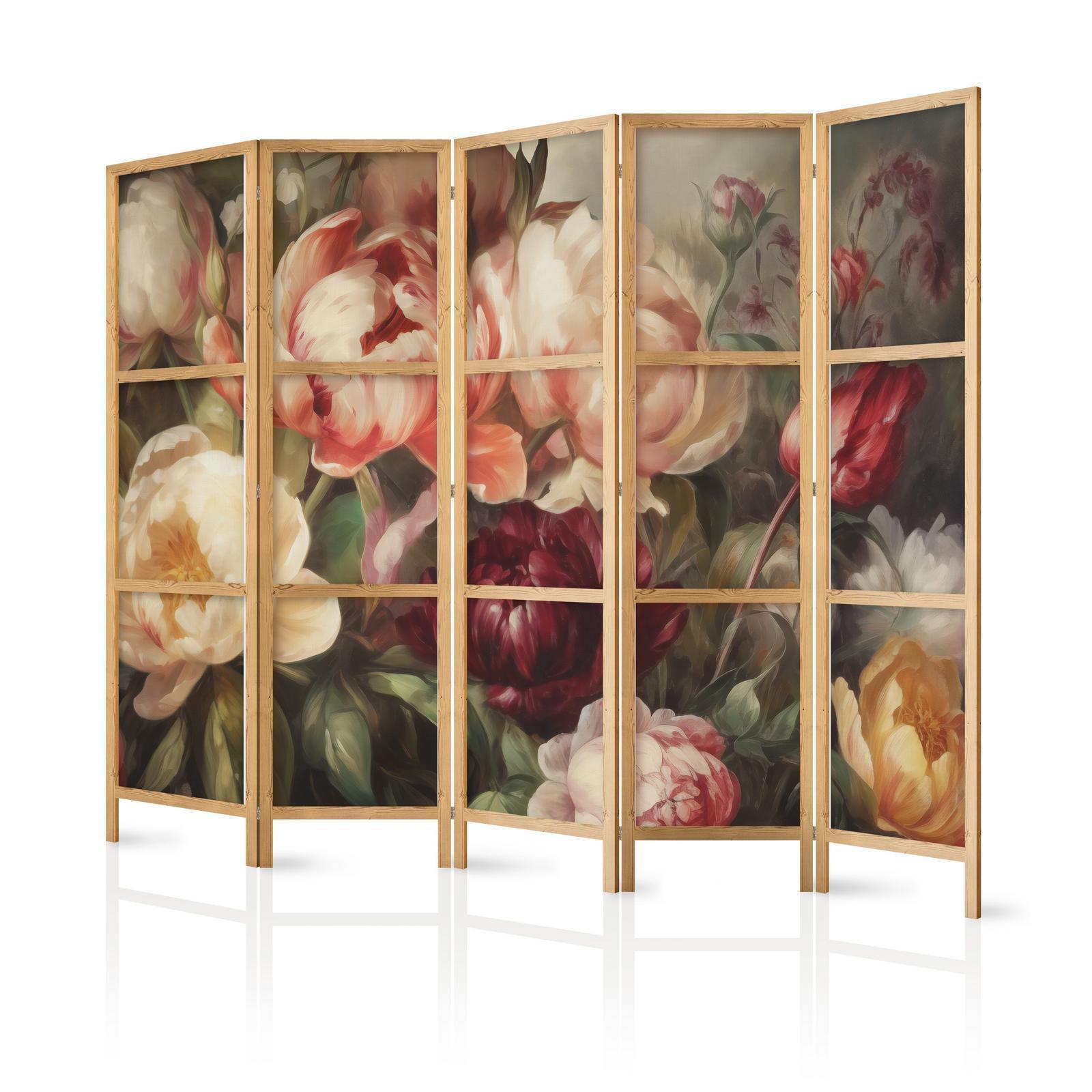 Japanischer Paravent - Blooming Peonies - Charismatic Flowers Bathed in Sunlight Artgeist
