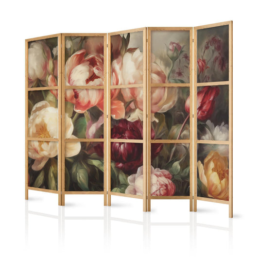 Japanischer Paravent - Blooming Peonies - Charismatic Flowers Bathed in Sunlight Artgeist