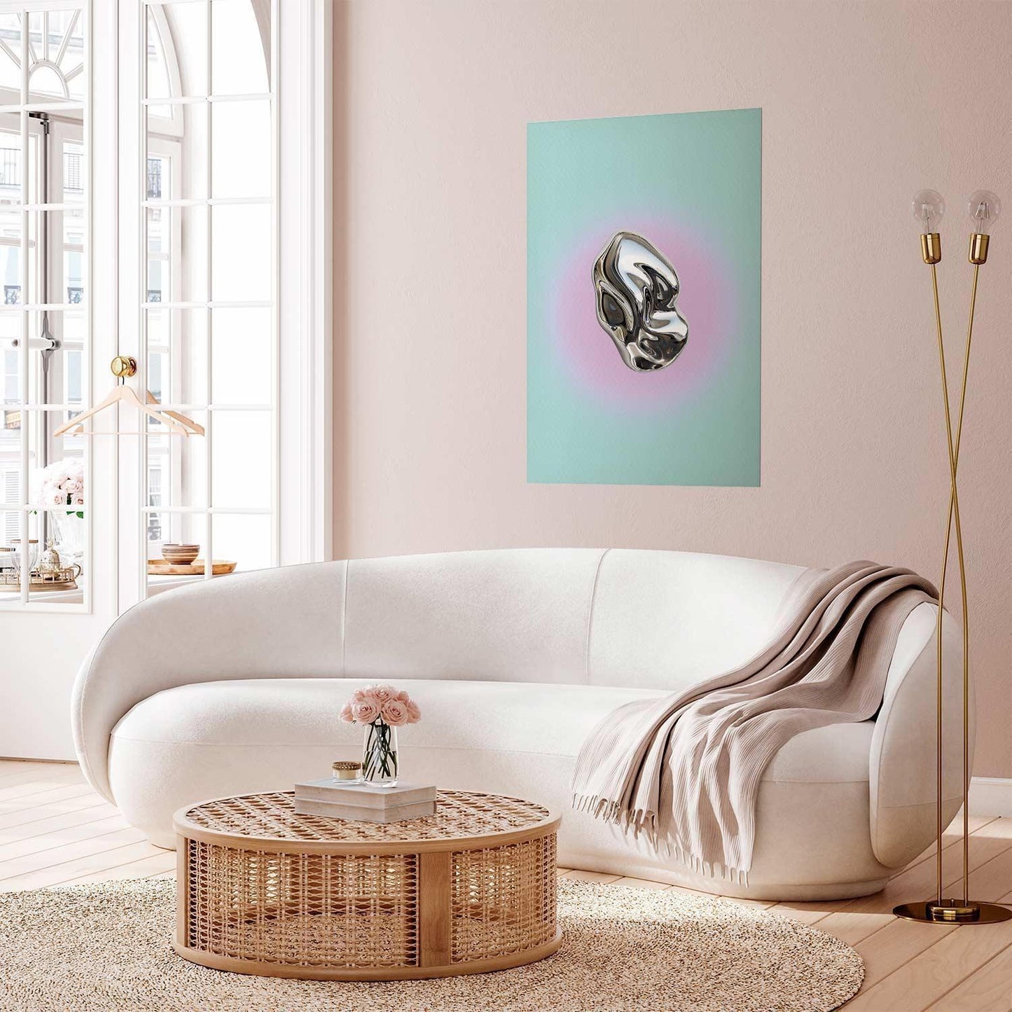 Poster - Metallic Form - abstract sculpture on a mint background with a purple halo