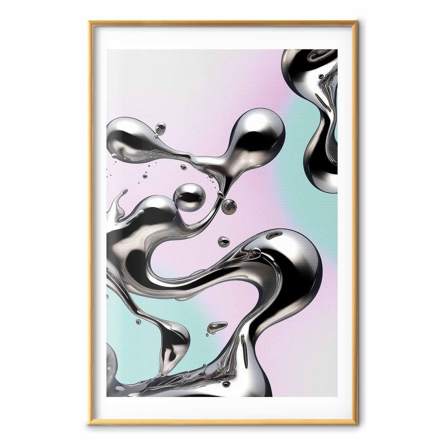 Poster - Metallic Fluidity - abstract silver forms on a mint-purple background