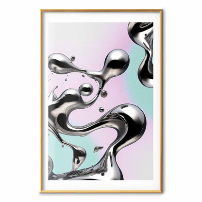 Poster - Metallic Fluidity - abstract silver forms on a mint-purple background