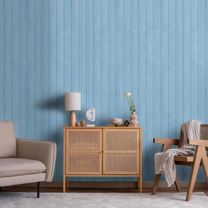 Tapete Blue Panels – Holzlatten-Look in Pastellblau für stilvolle Wände
