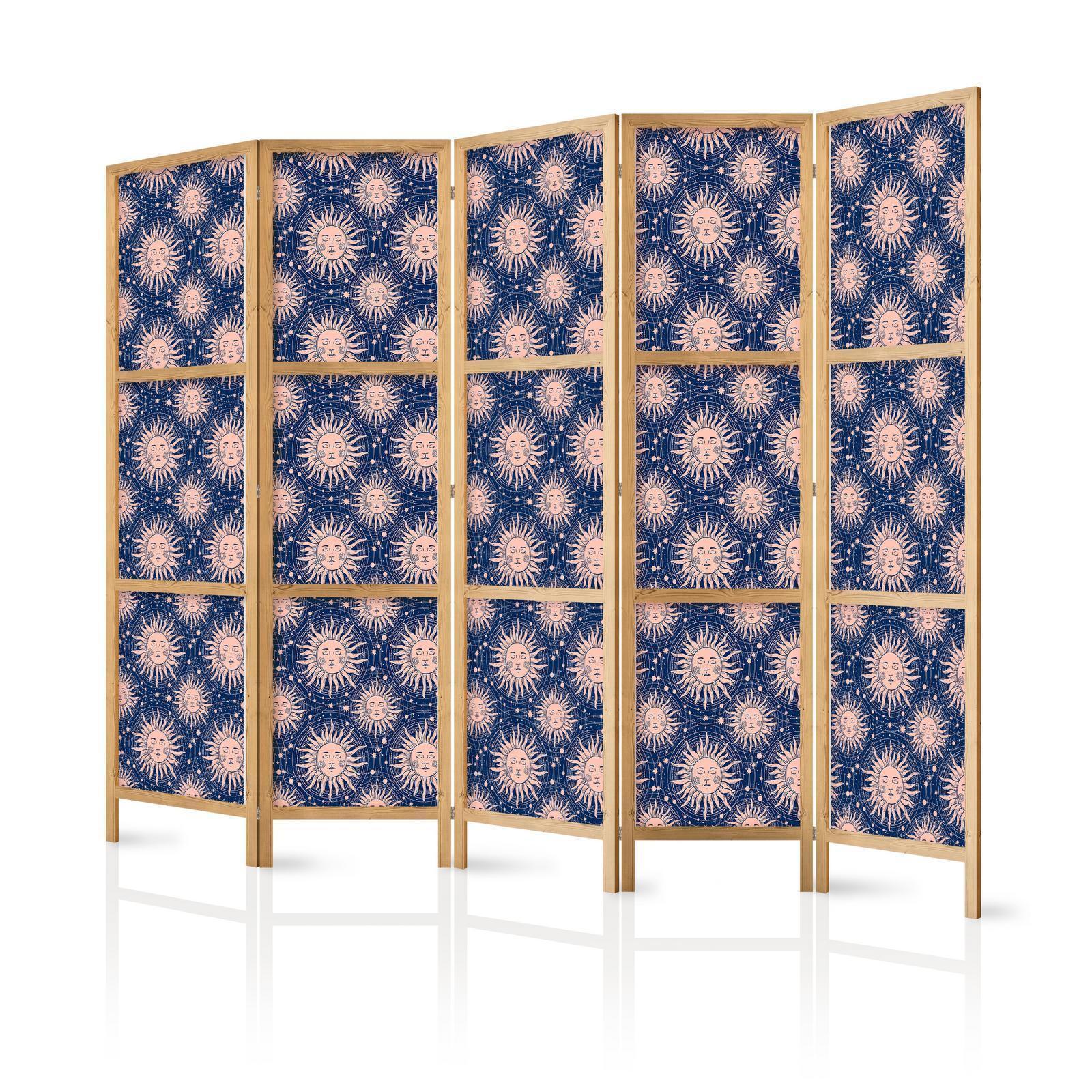 Japanischer Paravent - Sunny Patterns - Repeating Sun Motif on a Navy Background Artgeist