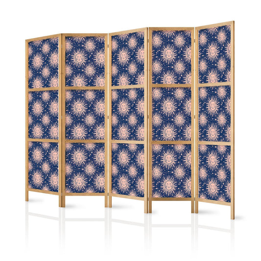 Japanischer Paravent - Sunny Patterns - Repeating Sun Motif on a Navy Background Artgeist