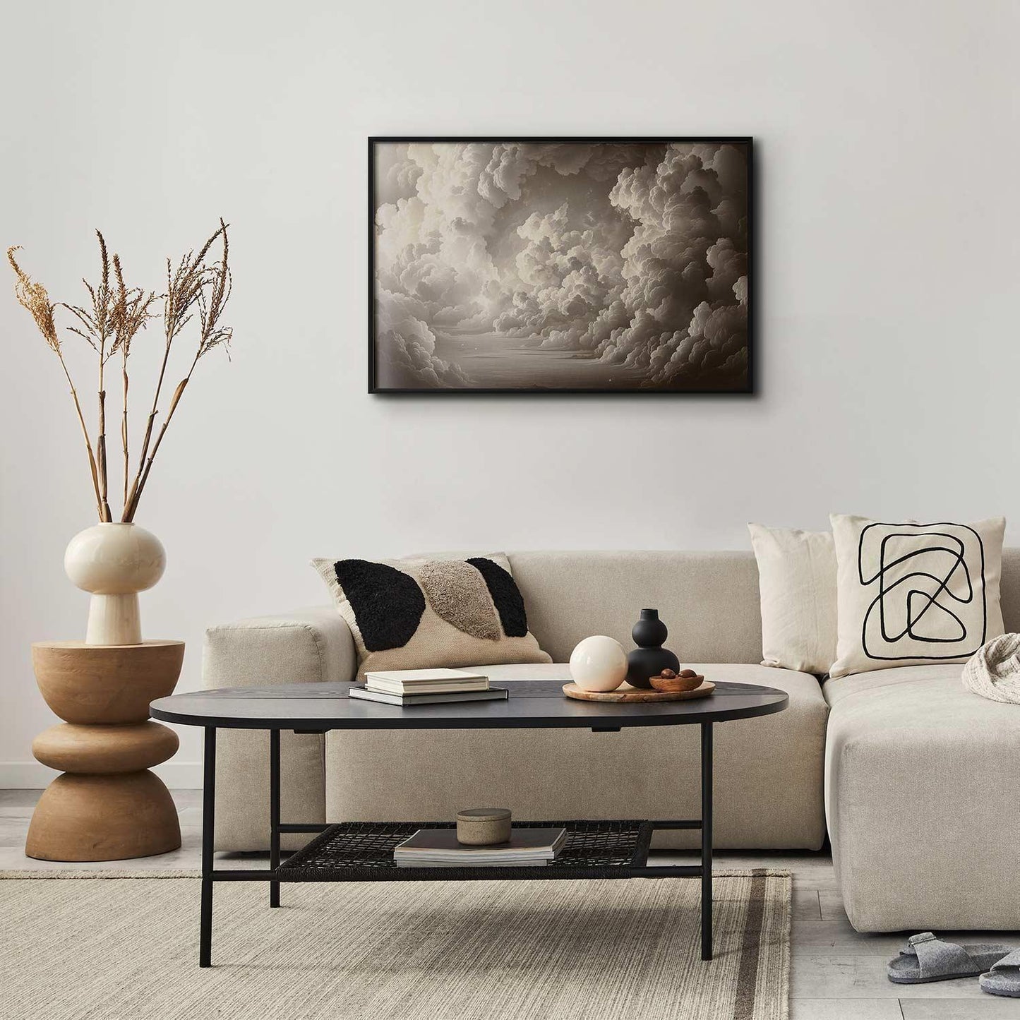 Poster of illuminated clouds with soft light in elegant living room setting.