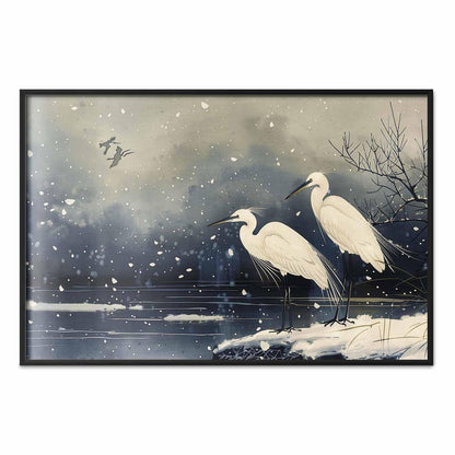 Poster - Herons over a Winter Pond - illustration in the Japanese style in dark colors
