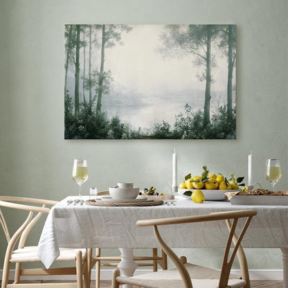 Leinwandbild - Retro Landscape Grove Trees and Pond in Patinated Shades of Green