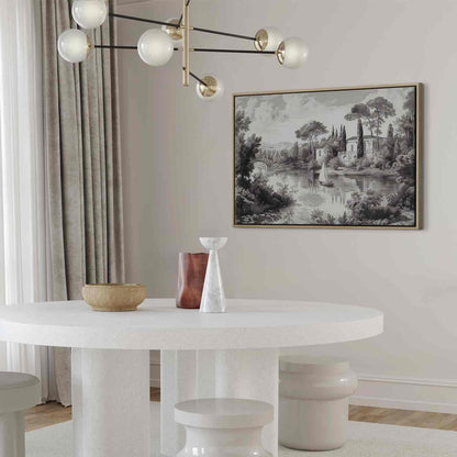 Leinwandbild - Black and White Vintage Landscape Retro View of a Pond with a Boat Artgeist