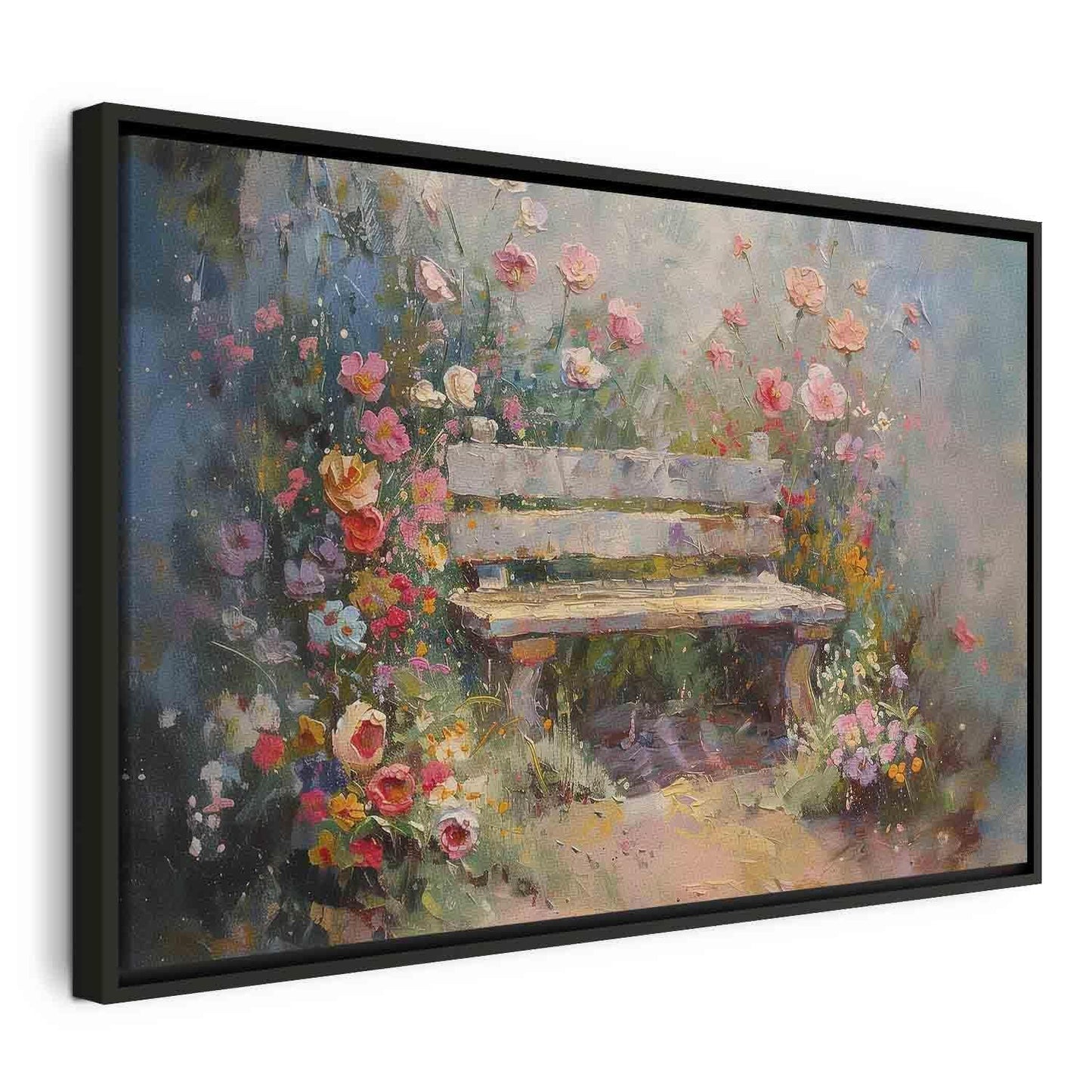 Leinwandbild - Flowery bench - impressionist painting full of flowers