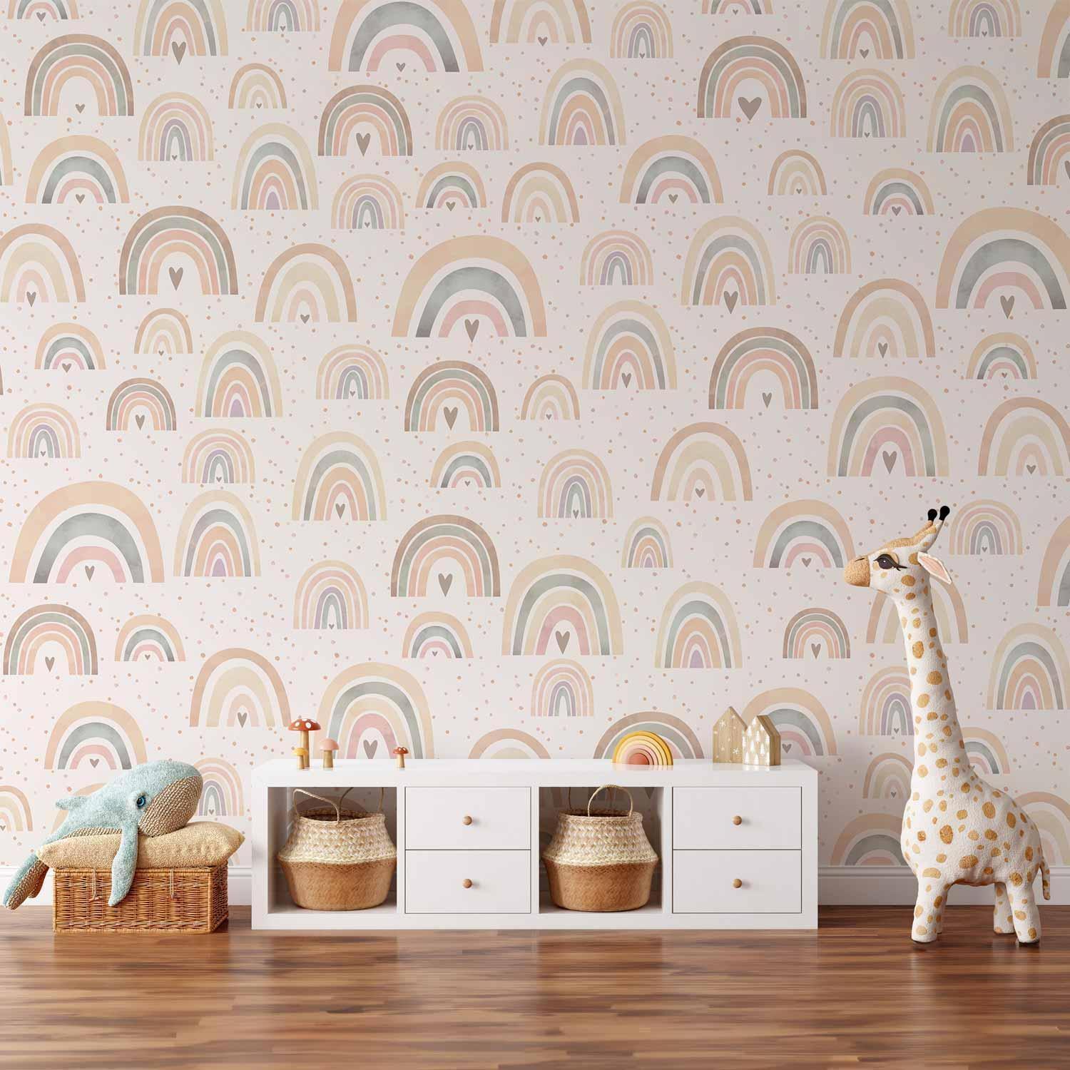 Komplettes Kinderzimmer mit Regenbogen-Fototapete - inspirierende Wanddekoration für kleine Träumer