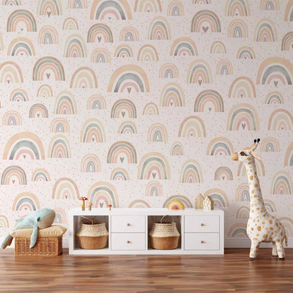 Komplettes Kinderzimmer mit Regenbogen-Fototapete - inspirierende Wanddekoration für kleine Träumer