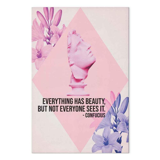 Leinwandbild - Beauty in the Eyes - Inspirational Quote with Pink Bust and Flowers