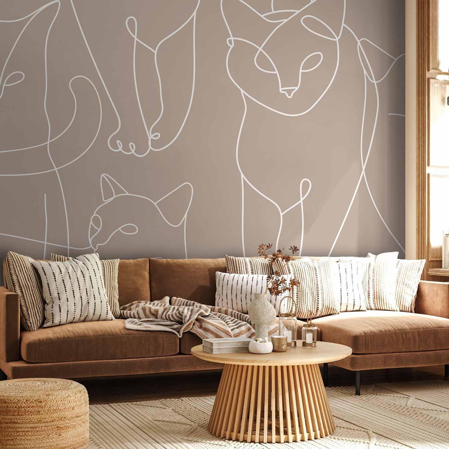 Fototapete - Cat lineart - minimalist sketches of white cats on beige background Artgeist