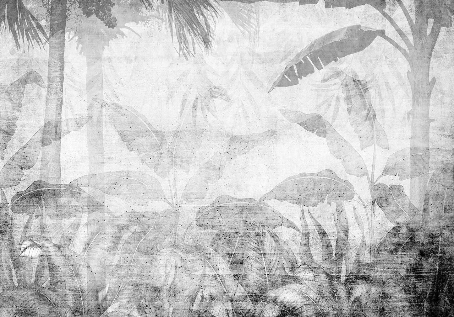 Fototapete - Vanishing jungle - landscape of exotic trees and leaves in grey tones Artgeist