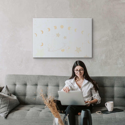 Leinwandbild - Fairy-Tale Galaxy - Phases of the Moon in Yellow Tones Among Stars in Beige and Ash Colors with Stardust