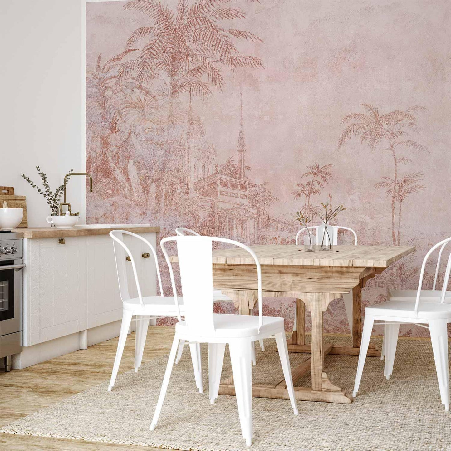 Fototapete - Landscape with temple - engraving of Indian architecture with palm trees