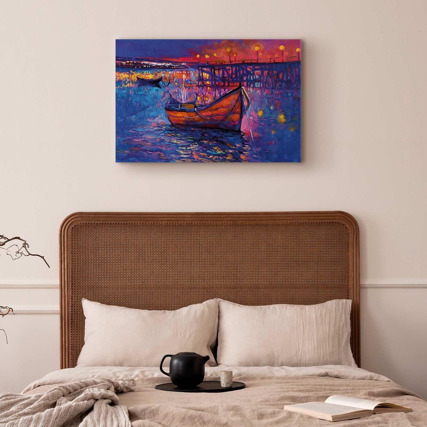 Leinwandbild - Modern impressionism - night landscape of a lake with a floating boat