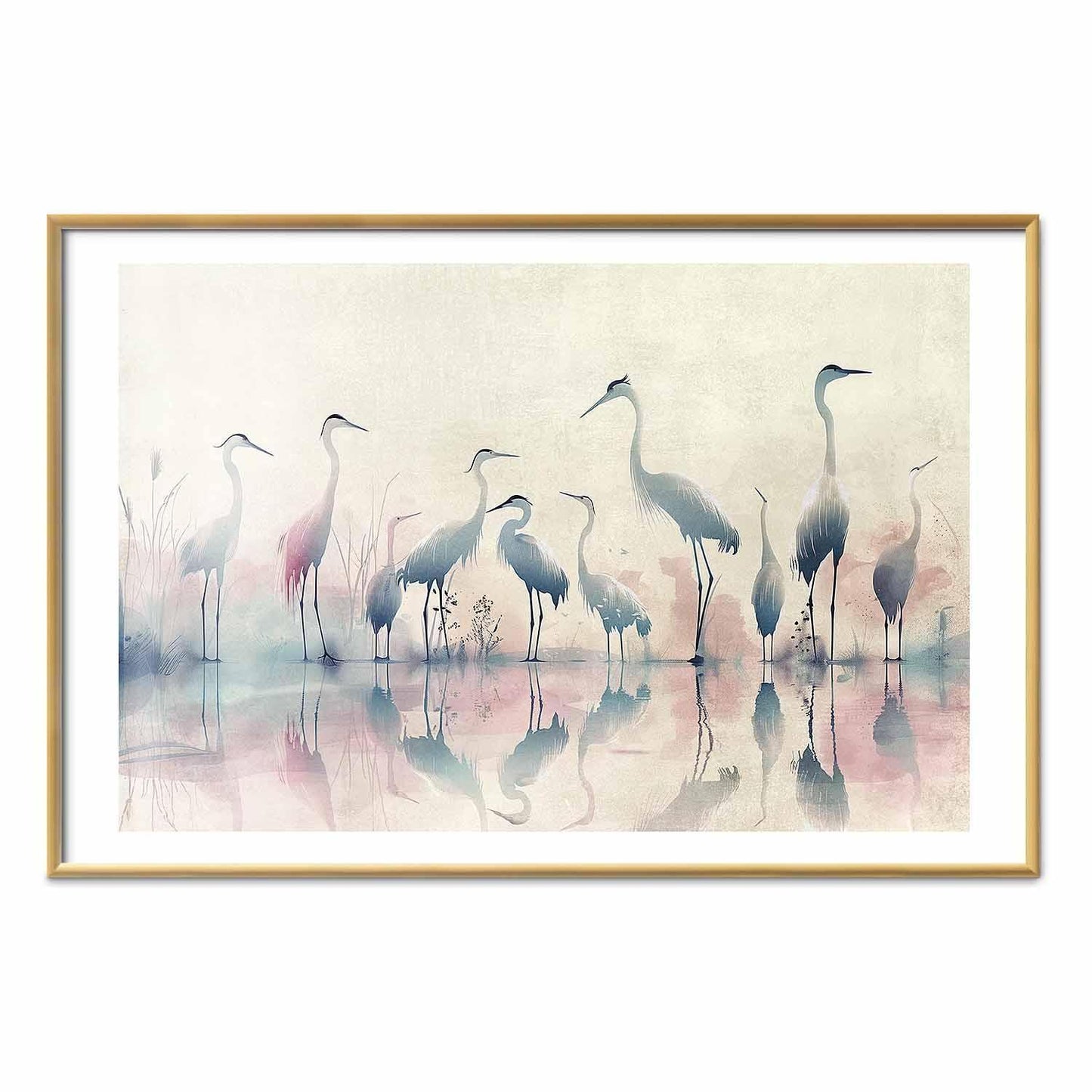 Poster - Birds by the Lake - herons painted in watercolor in a delicate, gray-pink palette