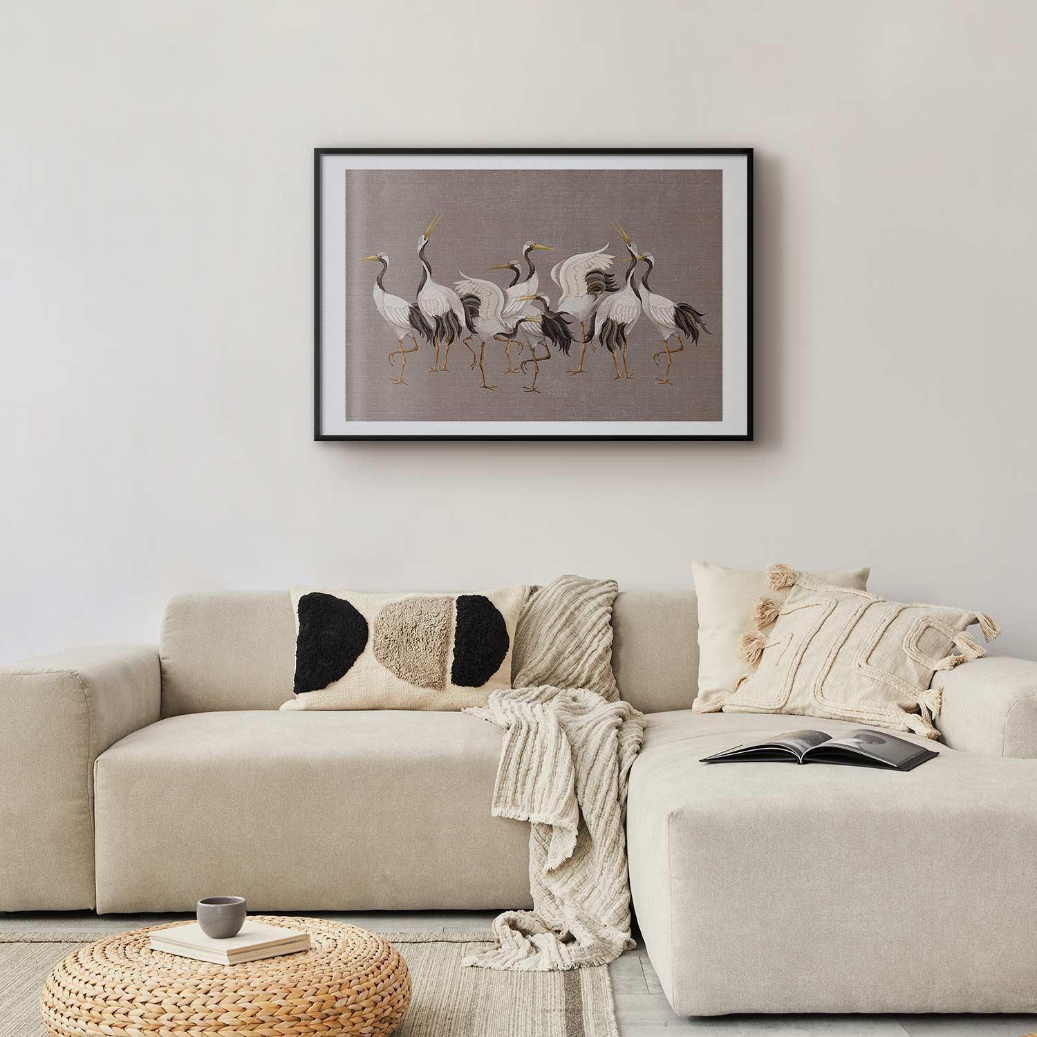 Poster - Crane Dance - light bird silhouettes on a warm-gray textured background Artgeist