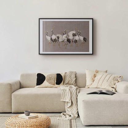 Poster - Crane Dance - light bird silhouettes on a warm-gray textured background Artgeist