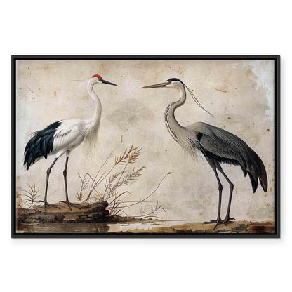 Leinwandbild - Birds from an old engraving - vintage-style illustration depicting a heron and a crane