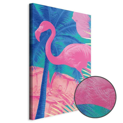 Leinwandbild - Pink Flamingo - Abstract Flamingo Against Palms and Ice Cubes