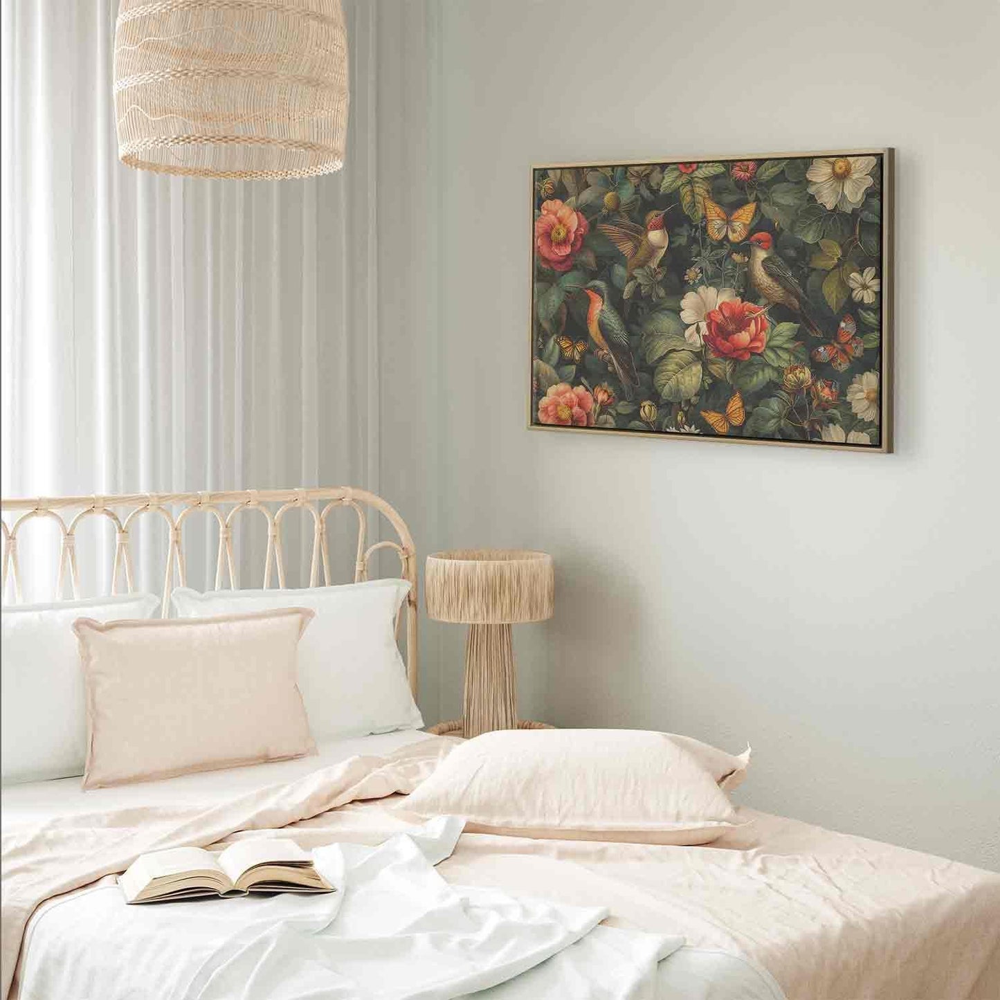 Leinwandbild - Flowers, birds and butterflies – vintage-style illustration