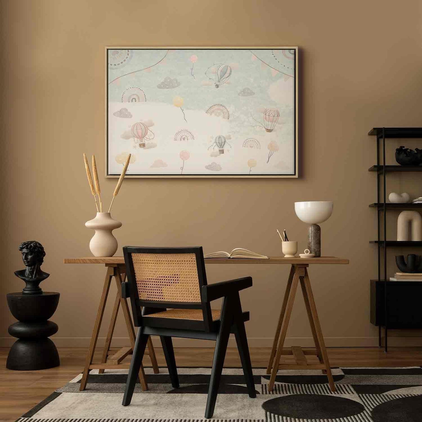 Leinwandbild - Sky with Balloons - Balloons in Subdued Colors Flying in the Sky Among Clouds Rainbows and Stars