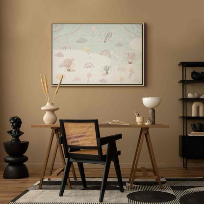 Leinwandbild - Sky with Balloons - Balloons in Subdued Colors Flying in the Sky Among Clouds Rainbows and Stars