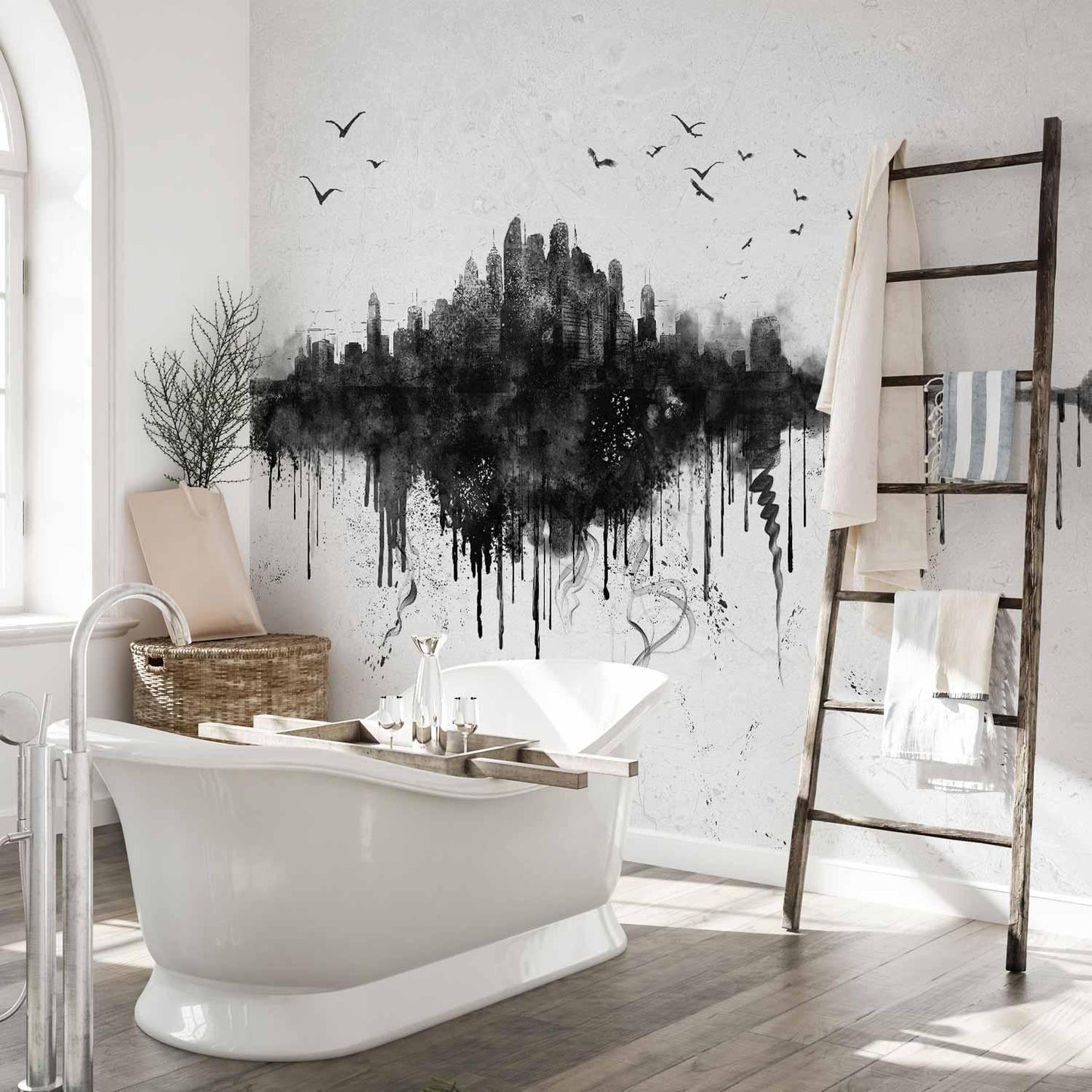 Fototapete - Big city - abstract city skyline in black watercolour style