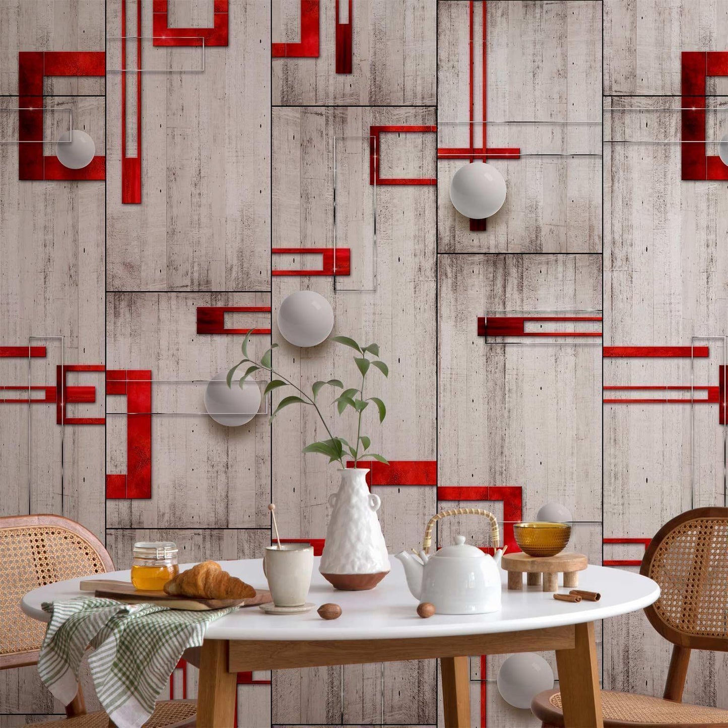 Tapete - Concrete, red frames and white knobs