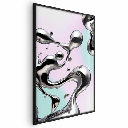 Poster - Metallic Fluidity - abstract silver forms on a mint-purple background Artgeist