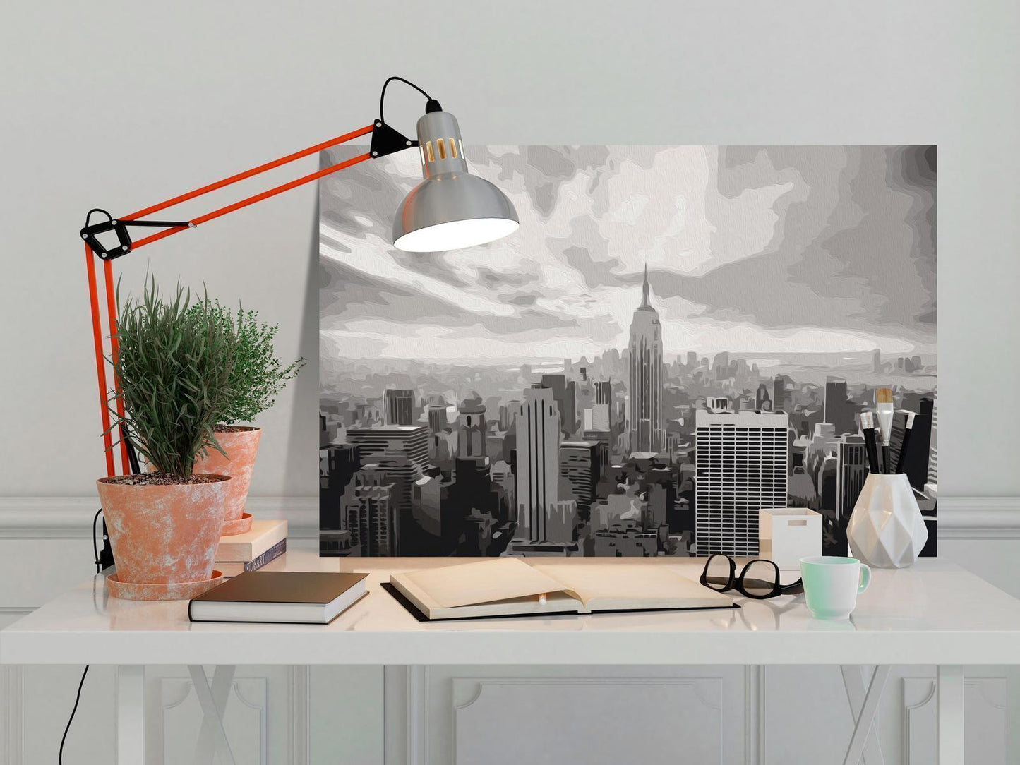 Graues New York Wandbild zum Ausmalen - Stilvolle Skyline-Kunst mit nummerierten Feldern für entspannende Malstunden - Sawelt