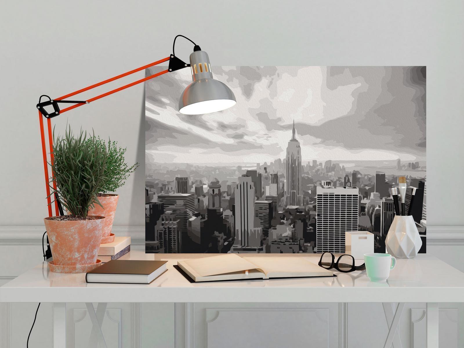 Graues New York Wandbild zum Ausmalen - Stilvolle Skyline-Kunst mit nummerierten Feldern für entspannende Malstunden - Sawelt