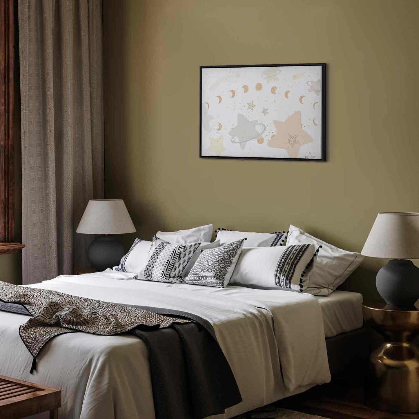 Leinwandbild - Fairy-Tale Galaxy - Phases of the Moon in Yellow Tones Among Stars in Beige and Ash Colors with Stardust