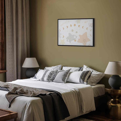 Leinwandbild - Fairy-Tale Galaxy - Phases of the Moon in Yellow Tones Among Stars in Beige and Ash Colors with Stardust