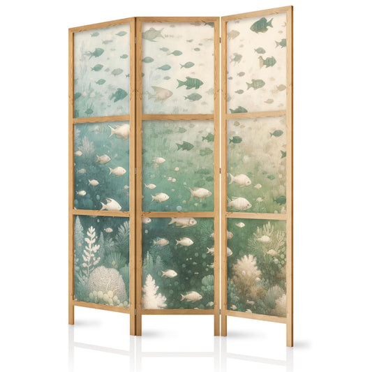 Japanischer Paravent - Fish and Diverse Vegetation - Grouping of Fish in Pastel Subdued Colors Among Oceanic Vegetation Artgeist