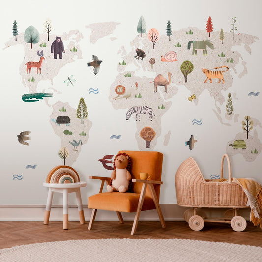 Fototapete - Beige World - Continents With Animals in Muted Colours Artgeist
