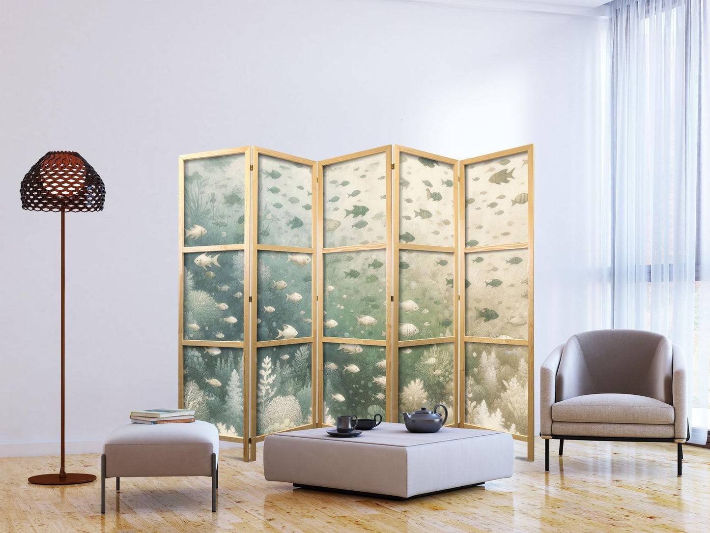 Japanischer Paravent - Fish and Diverse Vegetation - Grouping of Fish in Pastel Subdued Colors Among Oceanic Vegetation