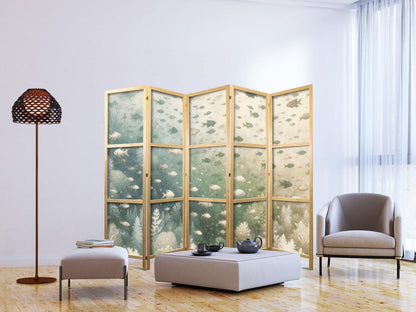 Japanischer Paravent - Fish and Diverse Vegetation - Grouping of Fish in Pastel Subdued Colors Among Oceanic Vegetation