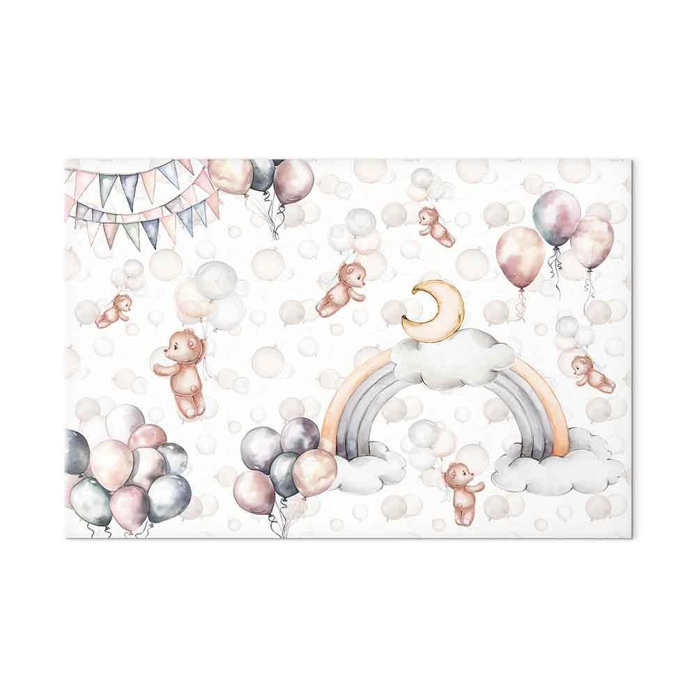 Leinwandbild - Toy Bears with Balloons - Flying Plush Bears Among Balloons Clouds and Rainbows in Subtle Pastel Hues