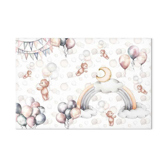 Leinwandbild - Toy Bears with Balloons - Flying Plush Bears Among Balloons Clouds and Rainbows in Subtle Pastel Hues