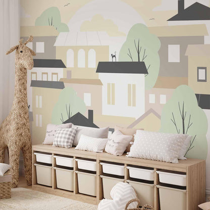 Fototapete - Yellow town - city suburb with trees and cats for children